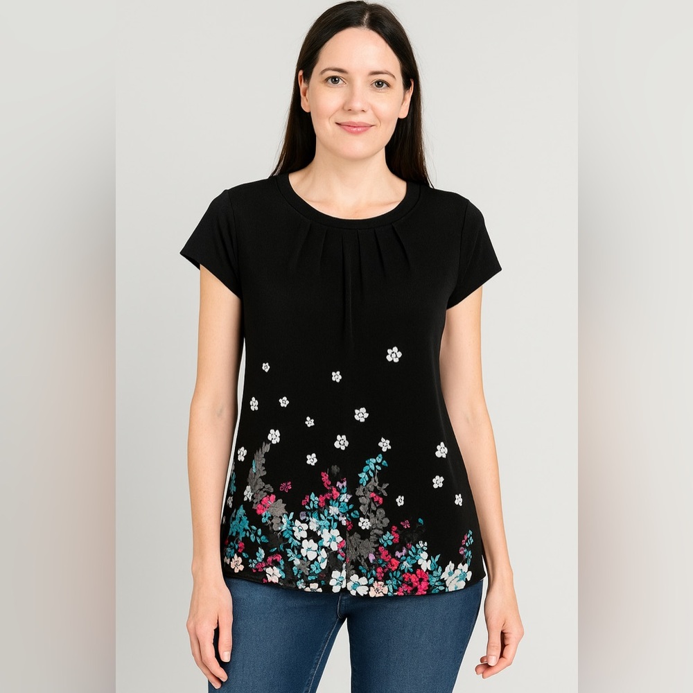 Elle Black Pleated Cap Sleeve Blouse with Mandarin Collar